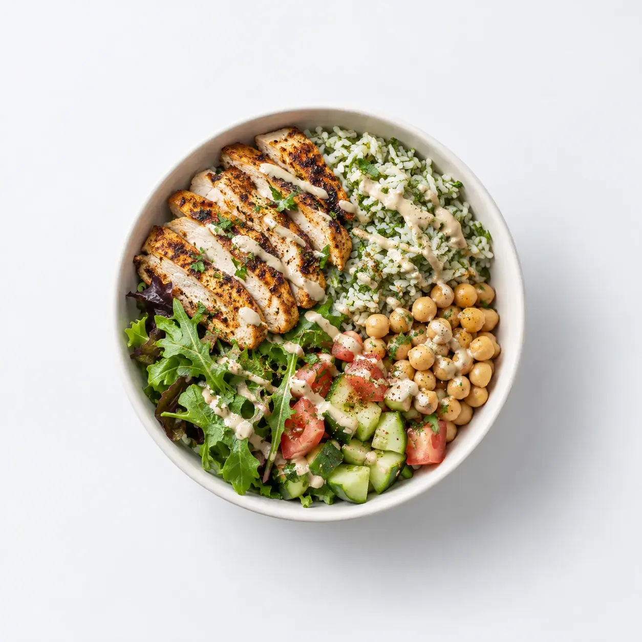 A chicken and rice bowl with chickpeas, salad and tahini, seen from above