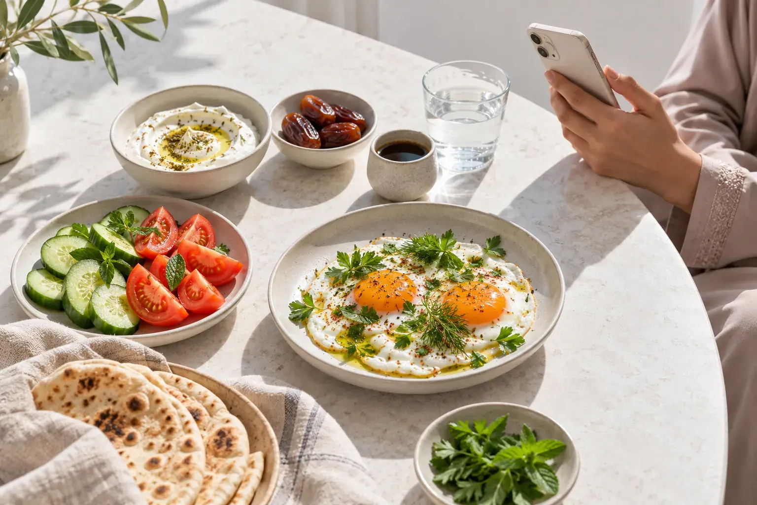 Eggs, labneh, dates and Arabic coffee on a stone table