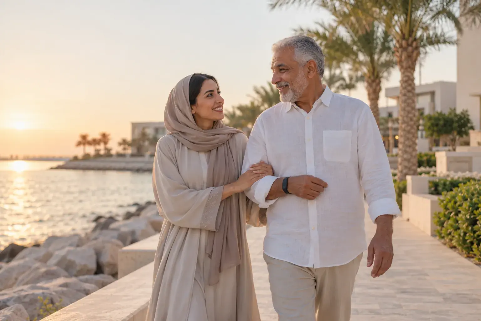 A woman walking arm in arm with her father at sunset