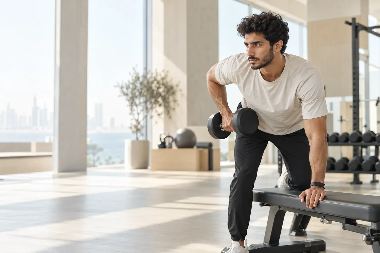 A man doing a dumbbell row in a daylight gym