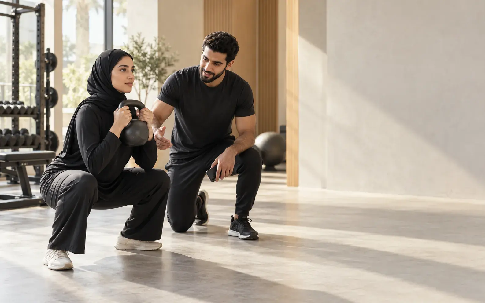 A coach guiding a client through a kettlebell squat in a bright gym