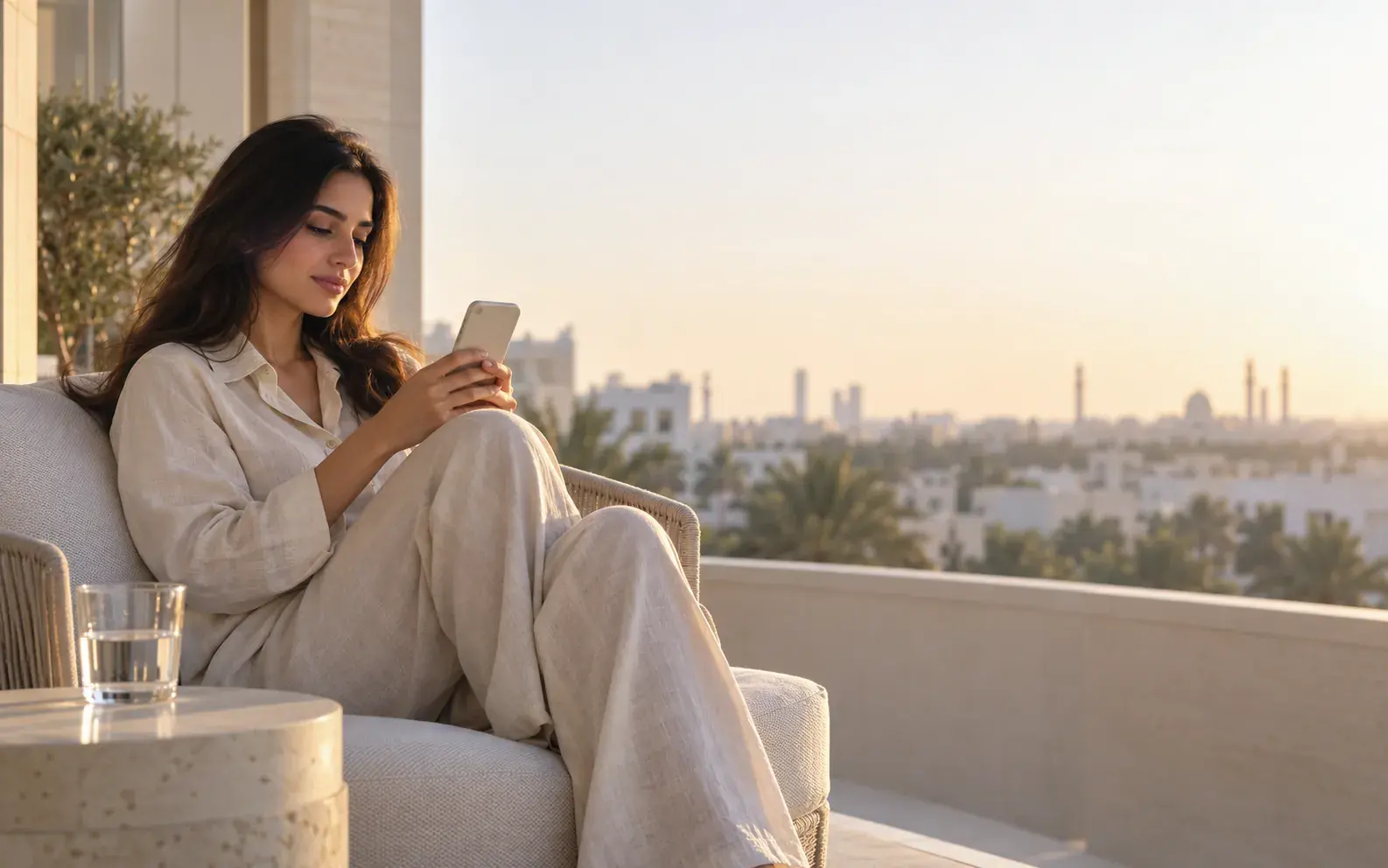 A woman alone on a balcony at sunset, looking at her phone