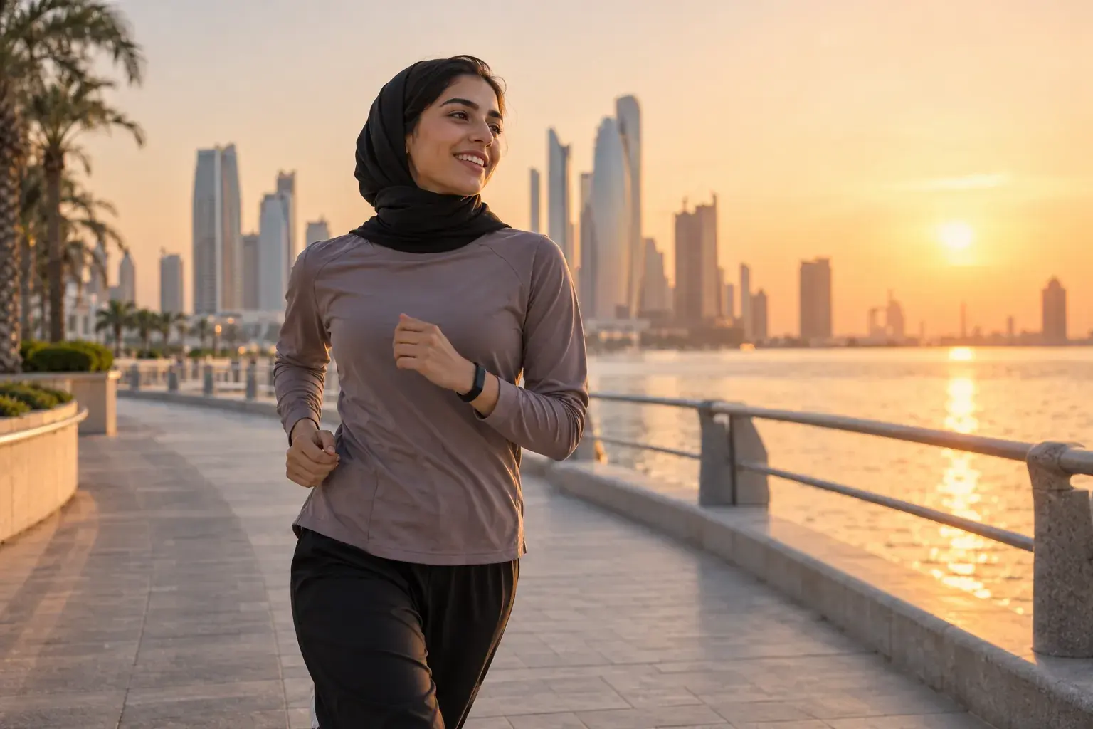 A woman in a hijab running along a waterfront at sunrise