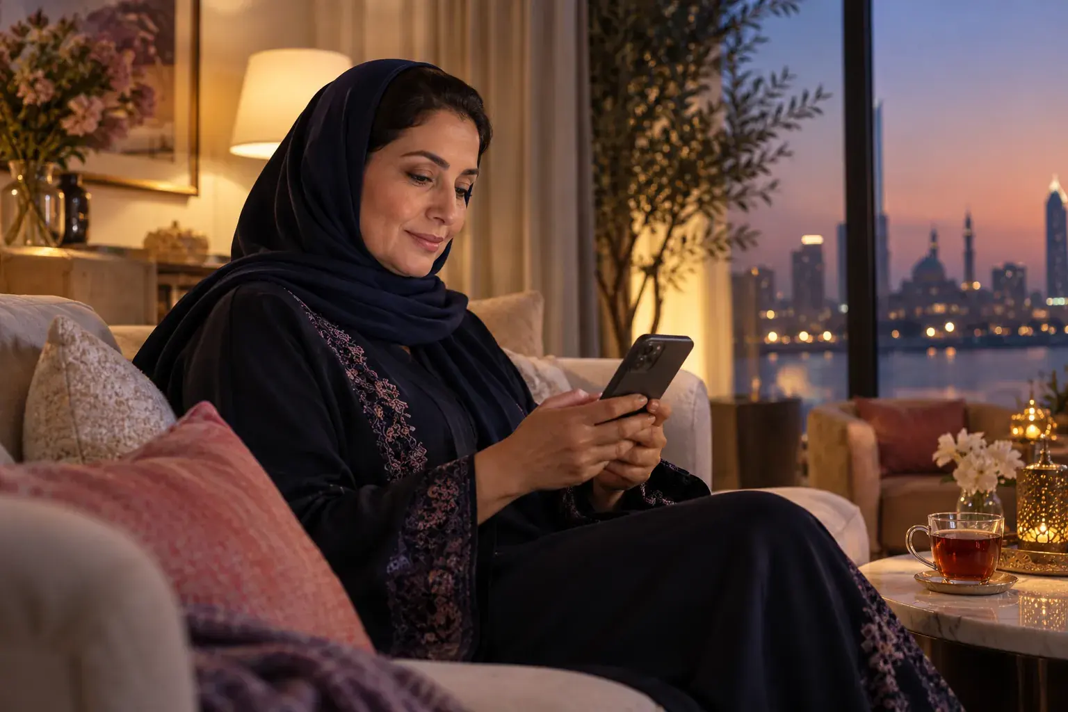 A patient at home in the evening, reading a message on her phone