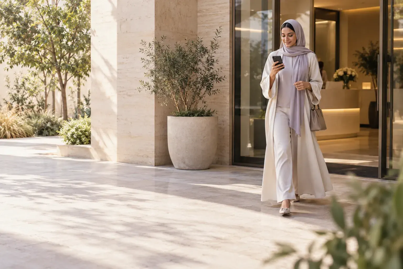 A patient walks out of the clinic, smiling at a message on her phone
