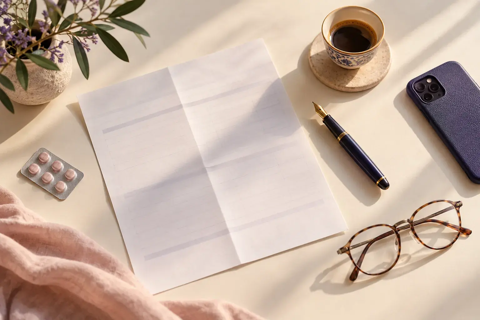 A clinic desk with coffee, a pen and glasses before the first appointment