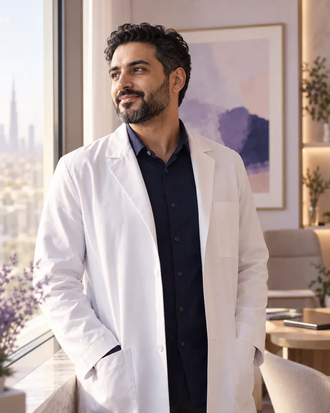 Portrait of a doctor in a white coat in his consulting room