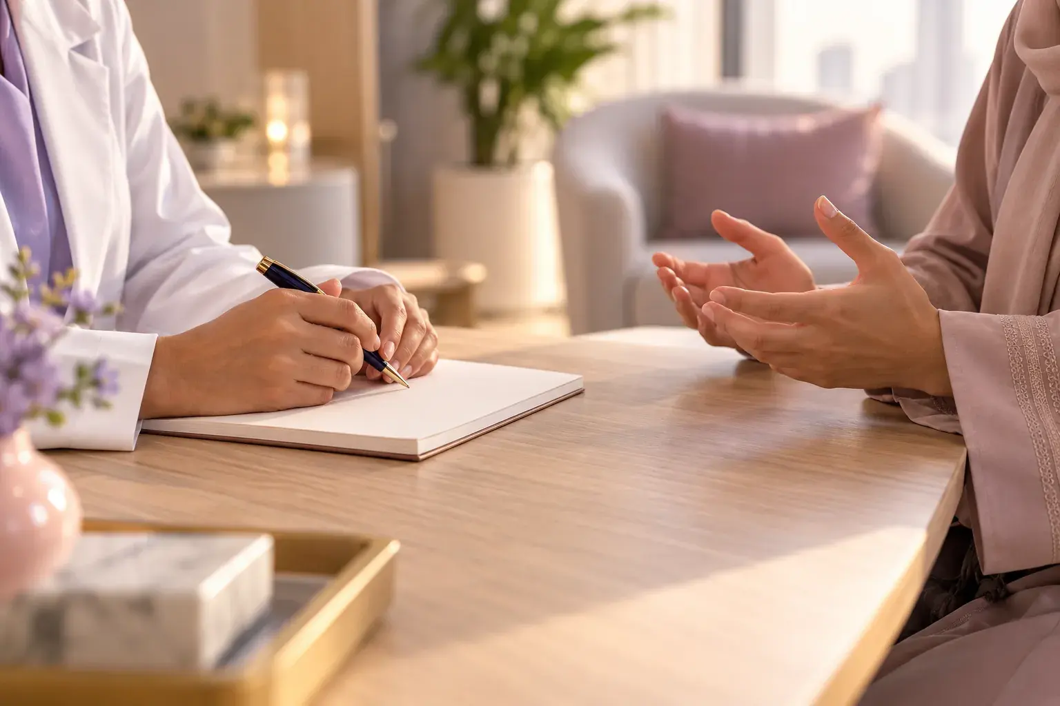 A doctor takes notes while the patient talks across the desk