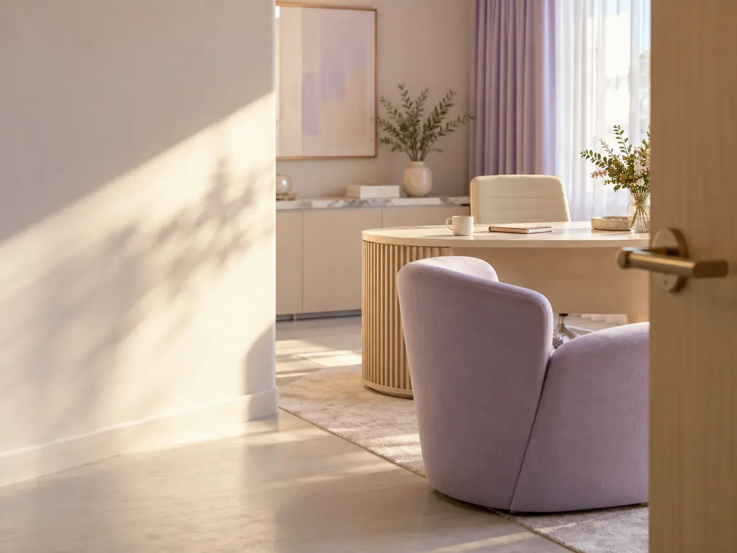 A sunlit doctor's office seen through an open door