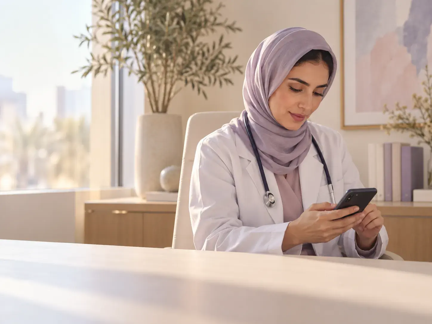 A doctor at her desk between patients, reading on her phone