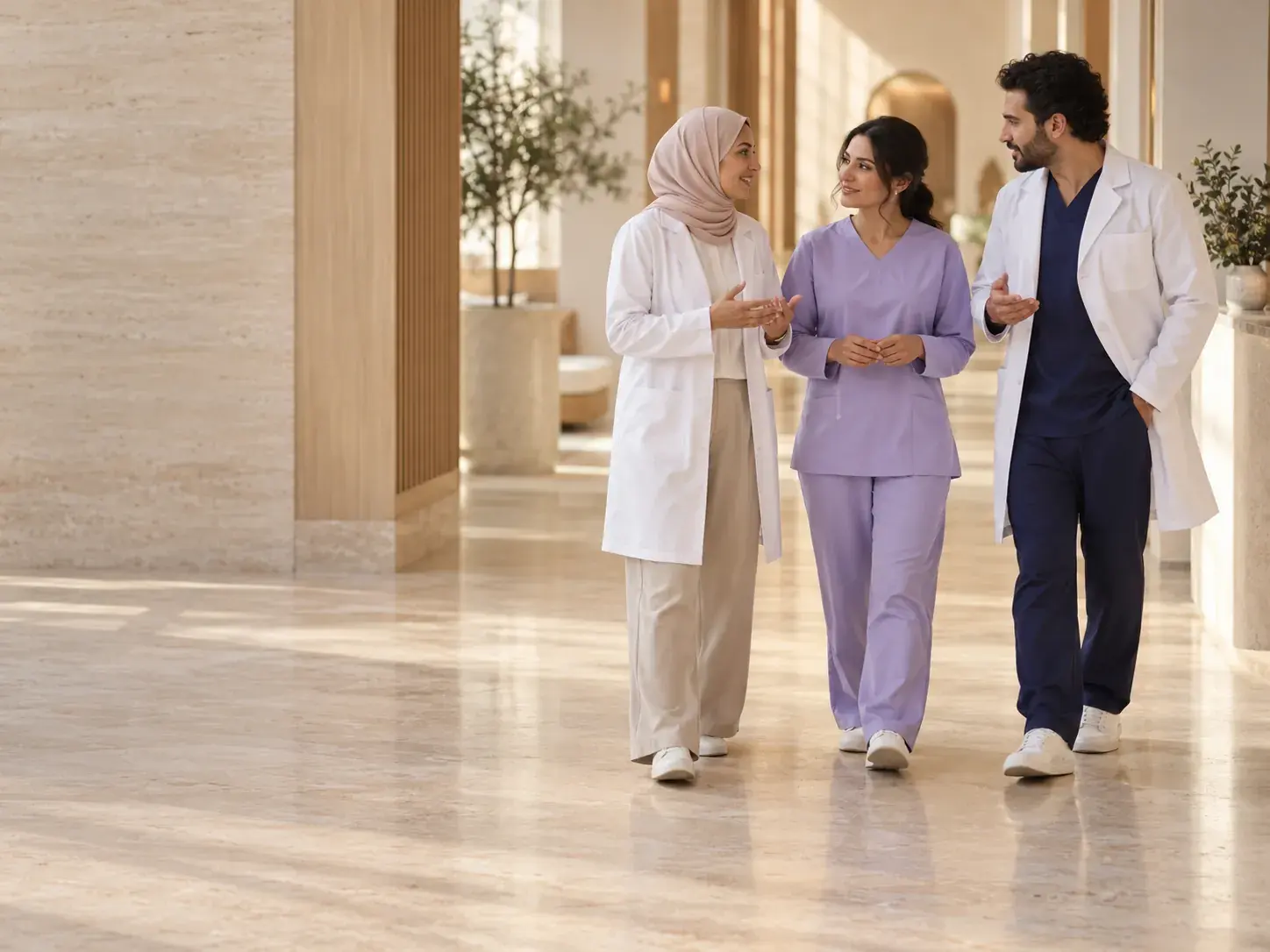 Three clinicians talking together in a bright clinic corridor