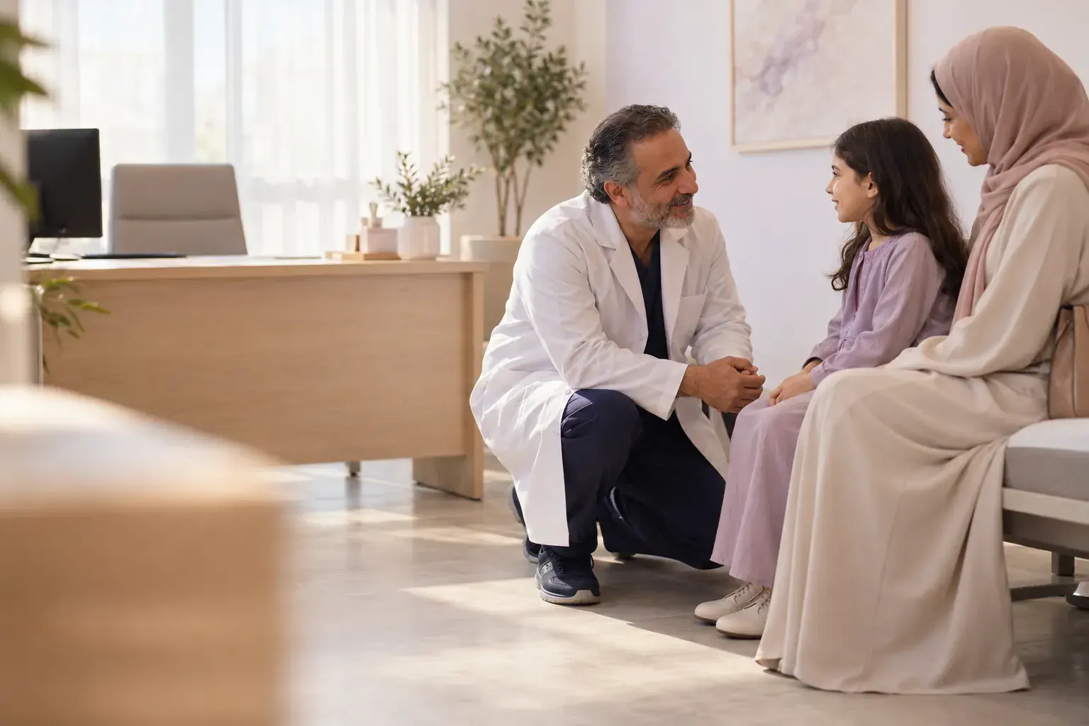 A family doctor kneels to talk with a young girl sitting beside her mother