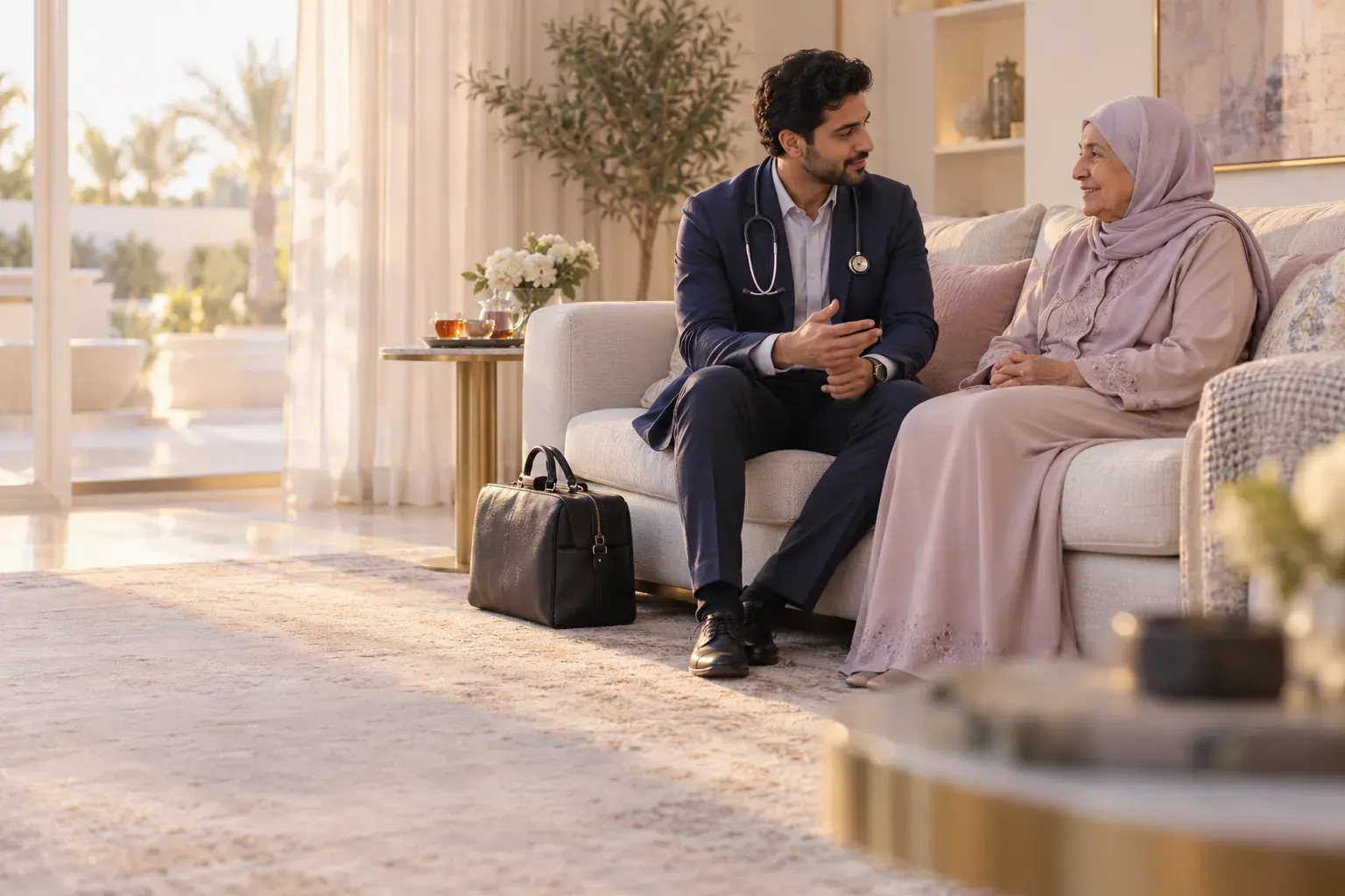 A personal physician sits with an older patient on the sofa in her home