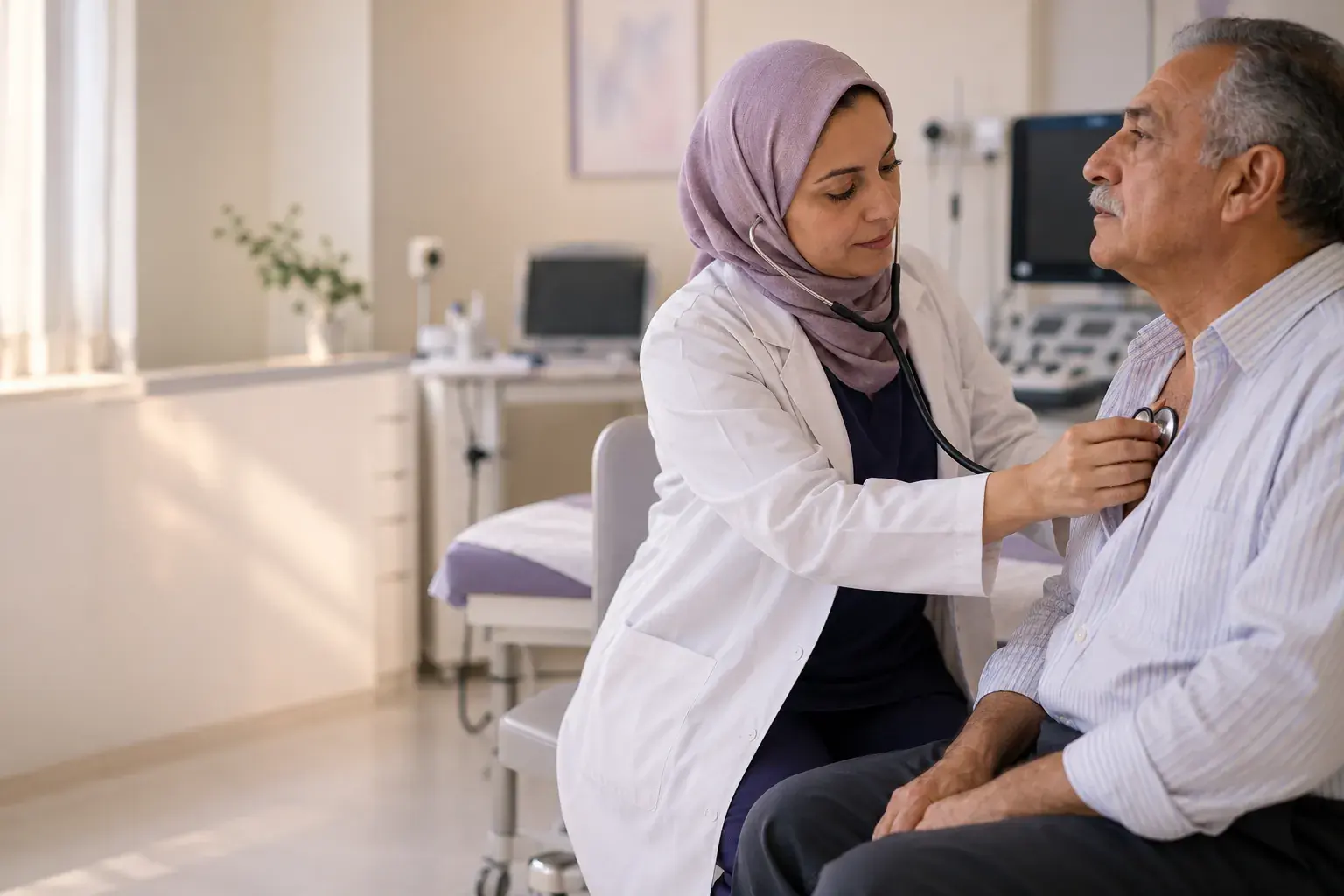A specialist listens to an older patient's chest with a stethoscope